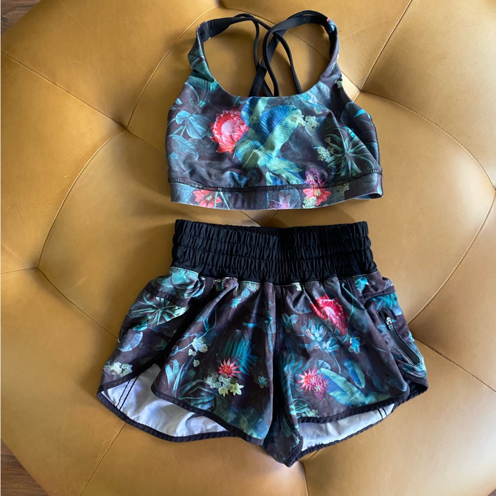 Lululemon Set Speed Short & Energy Sports Bra Curious Jungle Black Floral Size 4